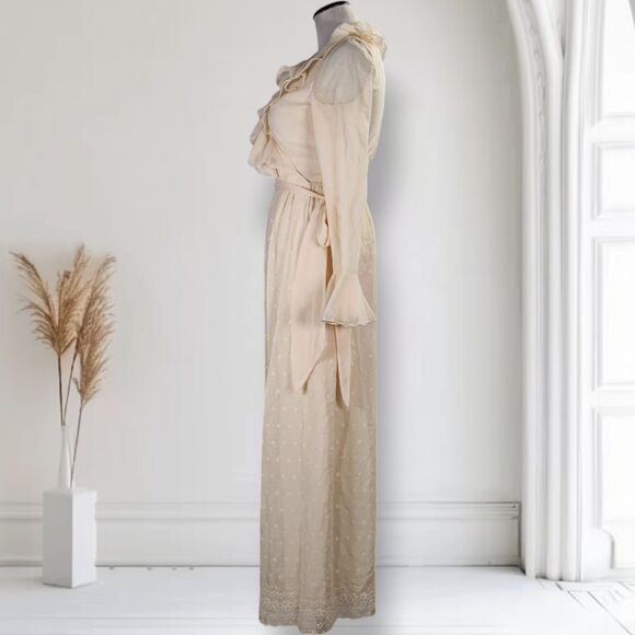 Vintage 70s Ruffle Neck Maxi Dress Size 4 Cream Eyelet Voile Bell Sleeve - Picture 11 of 16